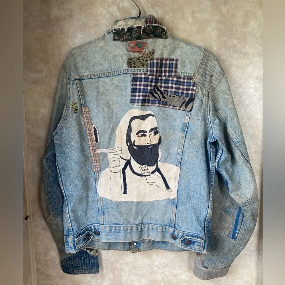 Vintage 70s 80s Levis OOAK Zig Zag Man Patchwork Denim Trucker Jacket Smoker